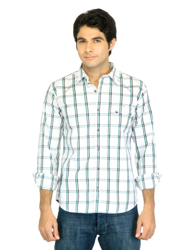 Basics Men White Slim Fit Checked Shirt