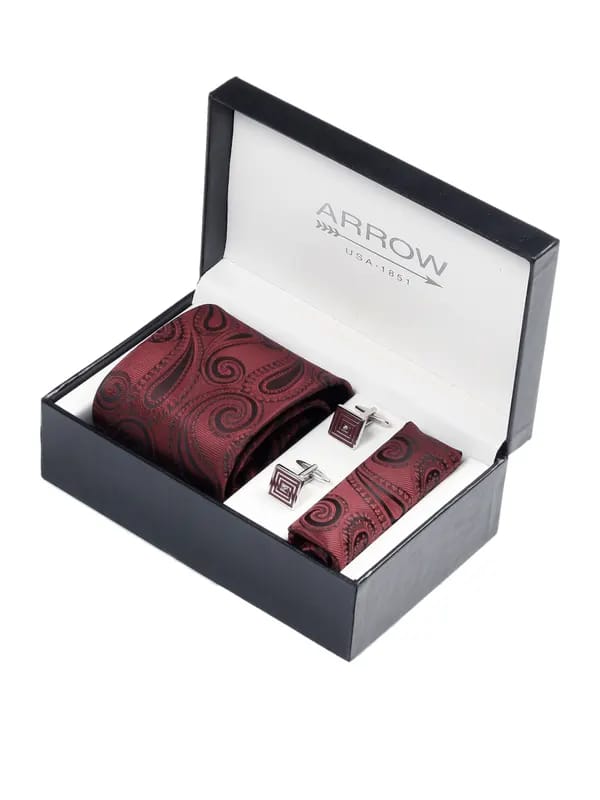 Arrow Men Formal Maroon Tie+Cufflink+Pocket square - Combo Pack