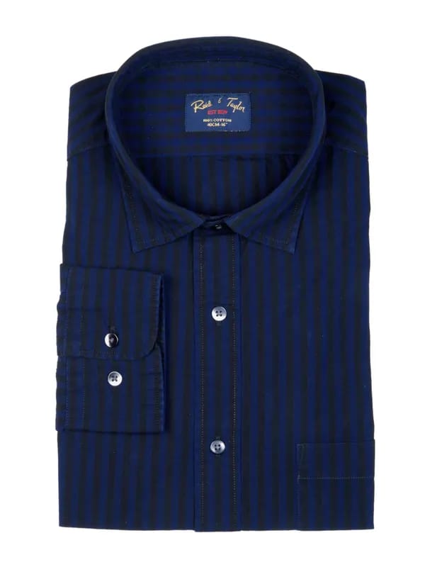 Reid & Taylor Men Stripes Navy Blue Shirt