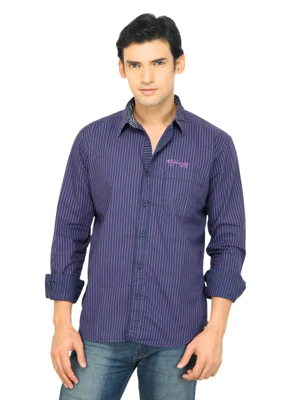 Highlander Men Stripes Navy Blue Shirt