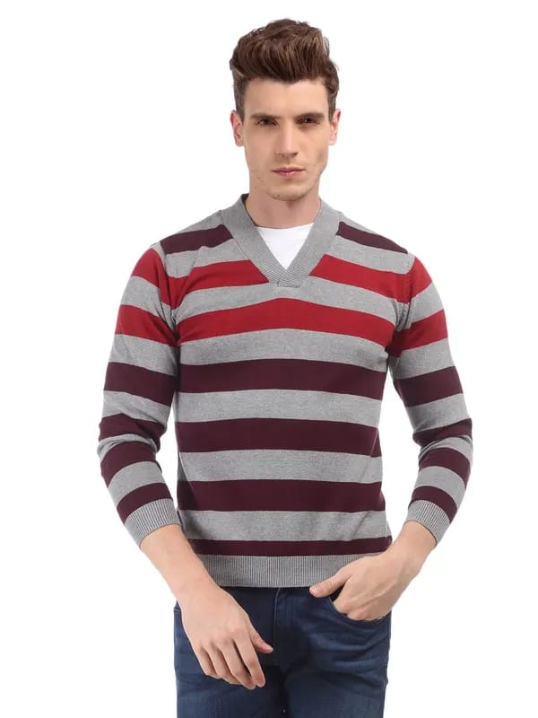 Wills Lifestyle Men Grey Striped Sweater
