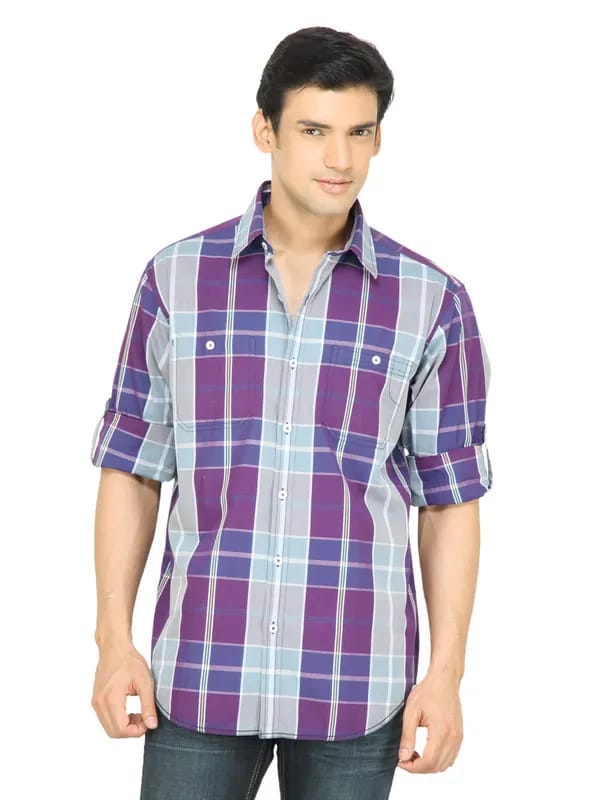 Wills Lifestyle Men Check Purple Shirt