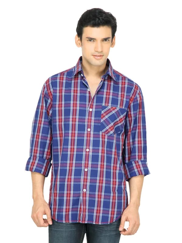 Wills Lifestyle Men Check Navy Blue Shirt