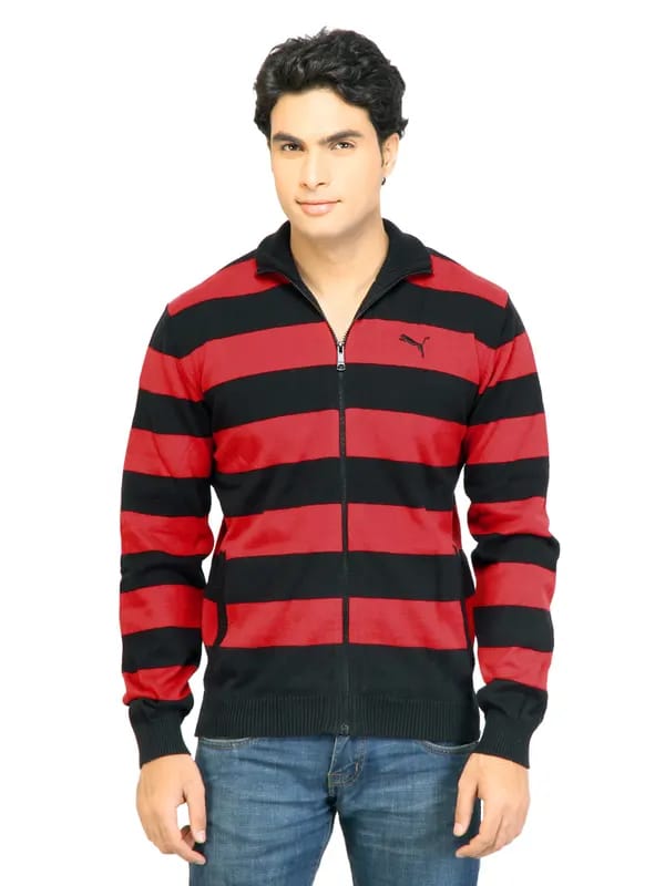 Puma Men Striped Full Zip Red Sweaters