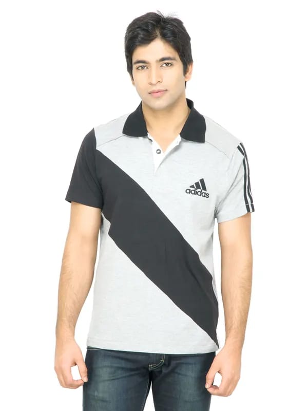 ADIDAS Men Striped Grey Tshirt
