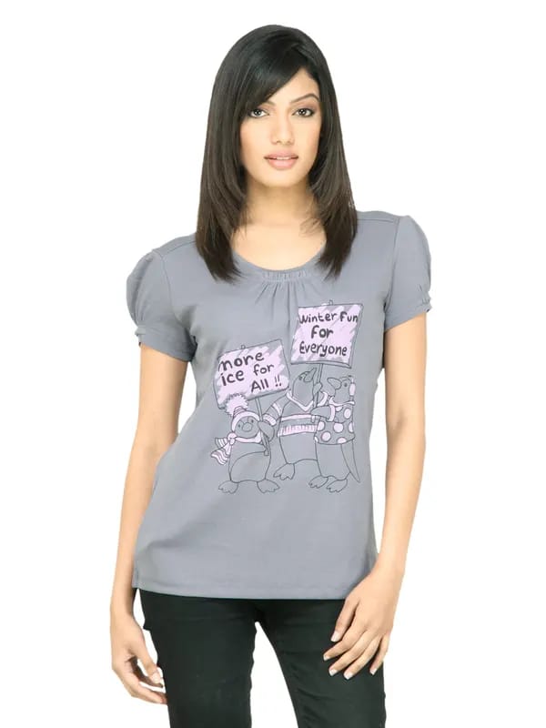 United Colors of Benetton Women Printed Grey Top