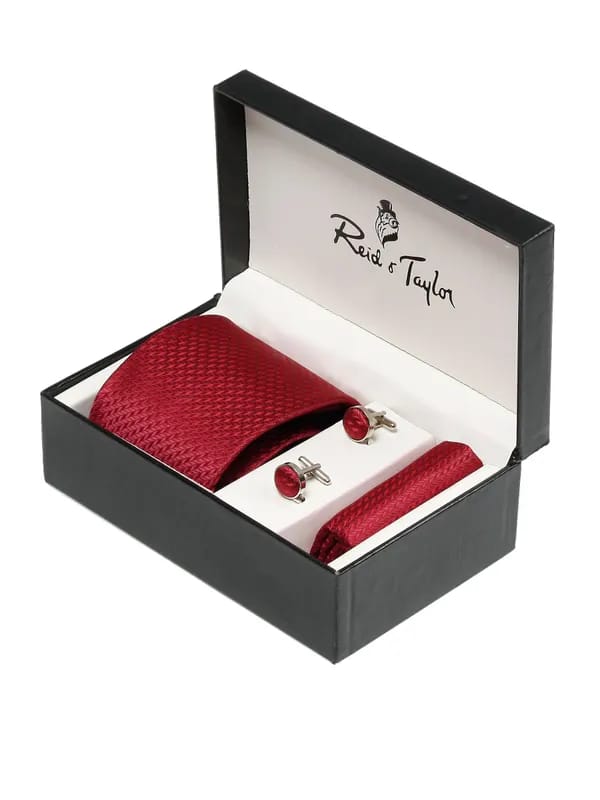 Reid & Taylor Men Formal Maroon Tie+Cufflink+Pocket square - Combo Pack