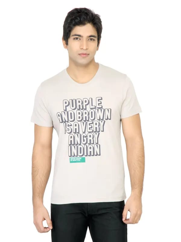 United Colors of Benetton Men Printed Beige TShirt