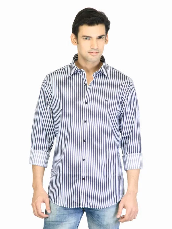 United Colors of Benetton Men Navy Blue Striped Shirt