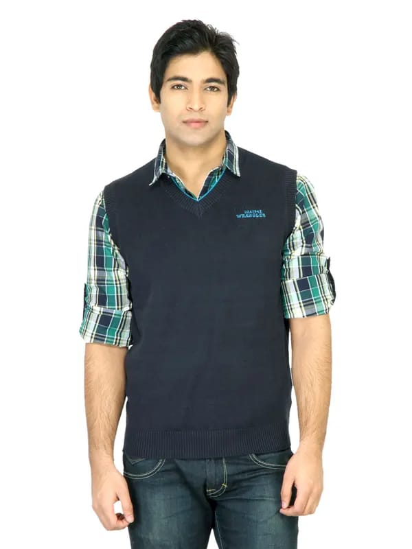Wrangler Men Contrast Rib Navy Blue Sweater