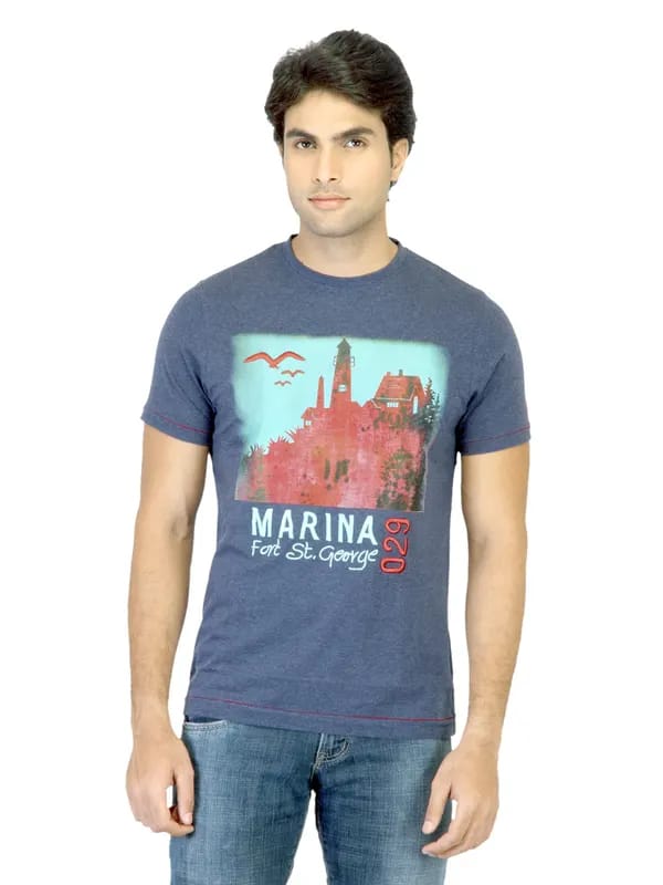 Basics Men Blue Printed T-shirt