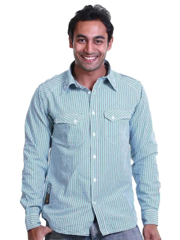 Basics Men Green & White Slim Fit Shirt