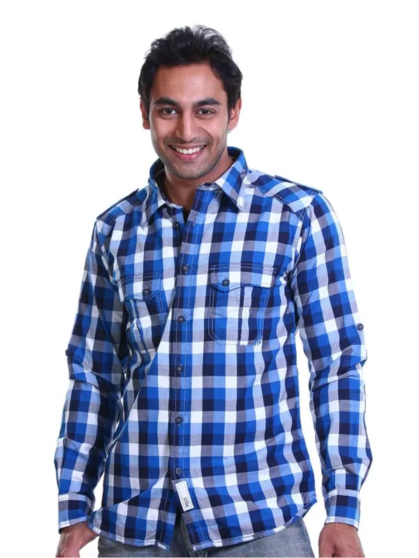 Basics Men Blue & White Slim Fit Checked Shirt