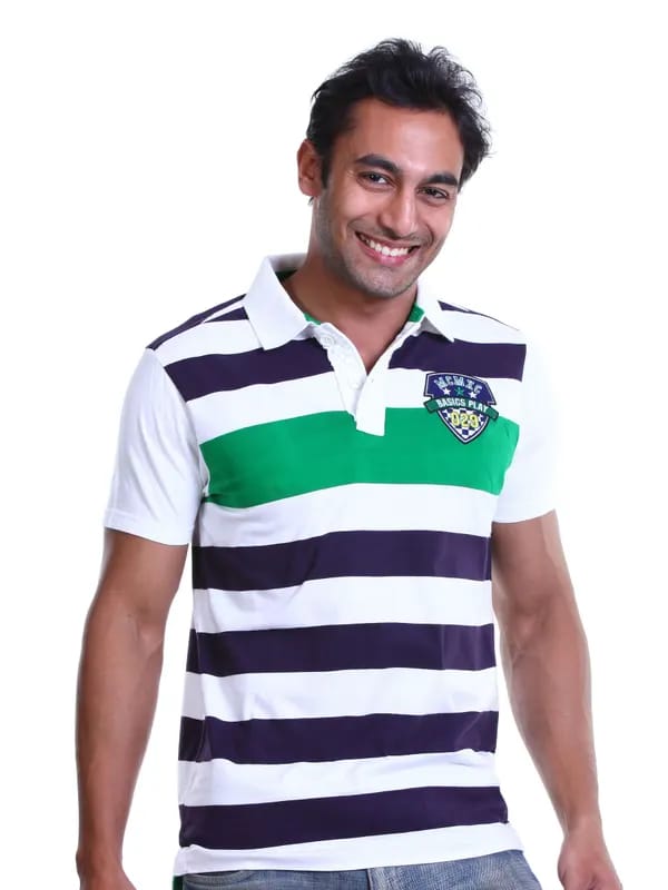 Basics Men Green & Blue Polo T-shirt