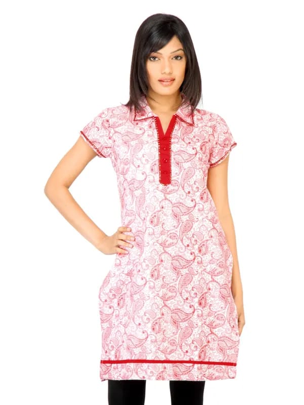 Vishudh Women Printed White and Red Kurta