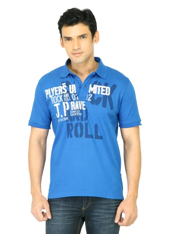 John Players Men Printed Blue Polo T-Shirt