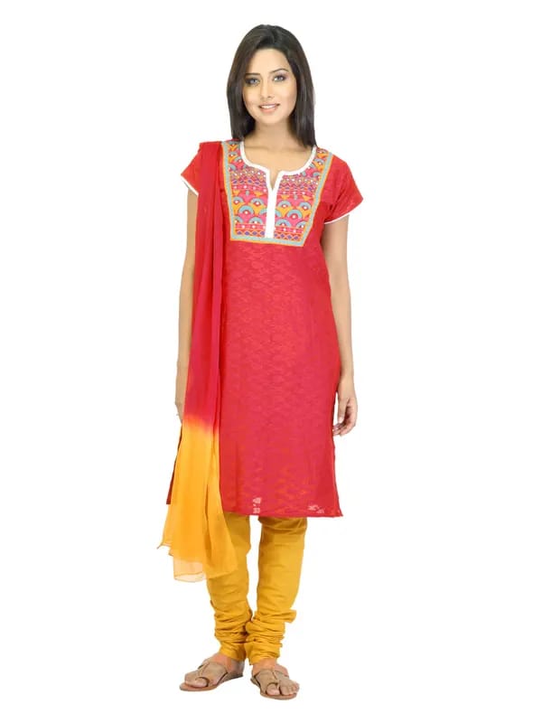 Vishudh Women Red & Yellow Churidar Kurta with Dupatta