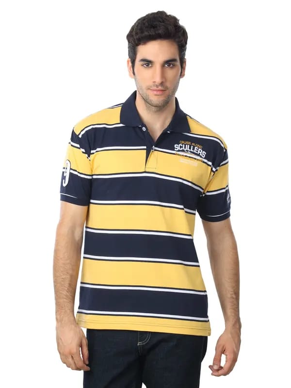 Scullers Men Yellow & Navy Blue Striped T-shirt