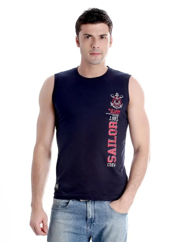 Proline Men Navy Sleeveless T-shirt with Printed Detail