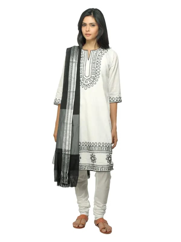 Biba Women White Embroidered Churidar Kurta with Dupatta