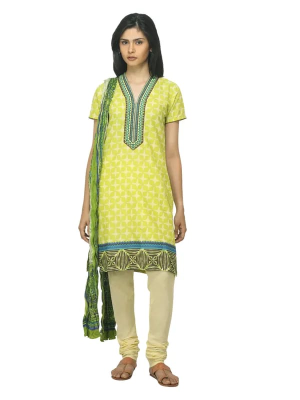 Biba Outlet Women Green Printed Churidar Kurta with Dupatta