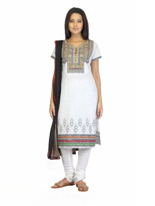 Biba Outlet Women White Printed Churidar Kurta with Dupatta