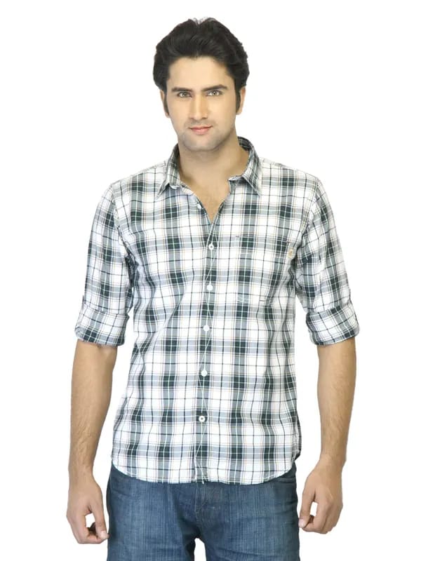 Basics Men Green Checked Shirt
