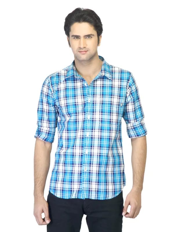 Basics Men Blue Checked Slim Fit Shirt