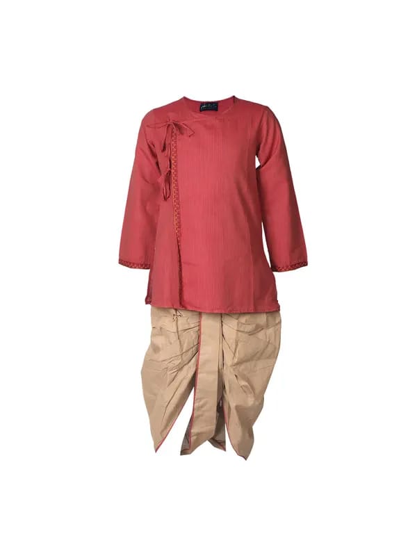 Fabindia Boys Red & Beige Angarakha Dhoti Set