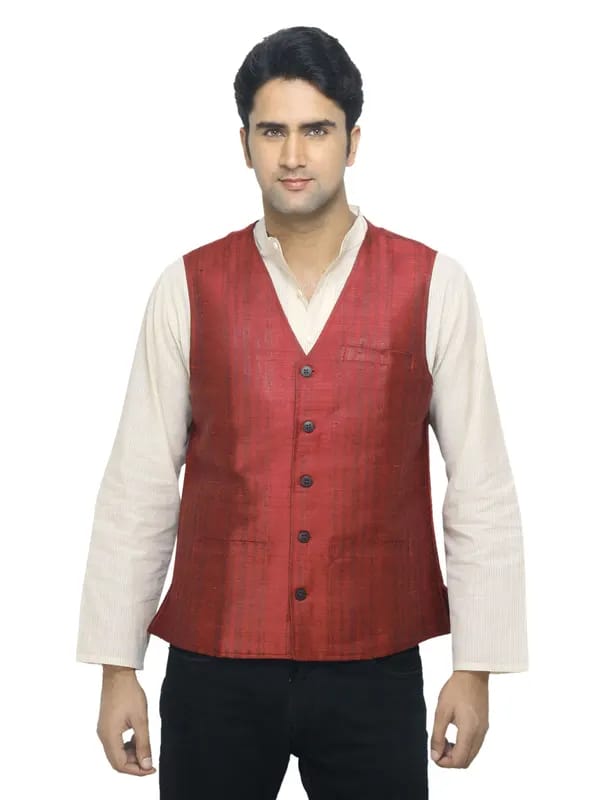 Fabindia Men Red Silk Sleeveless Waistcoat