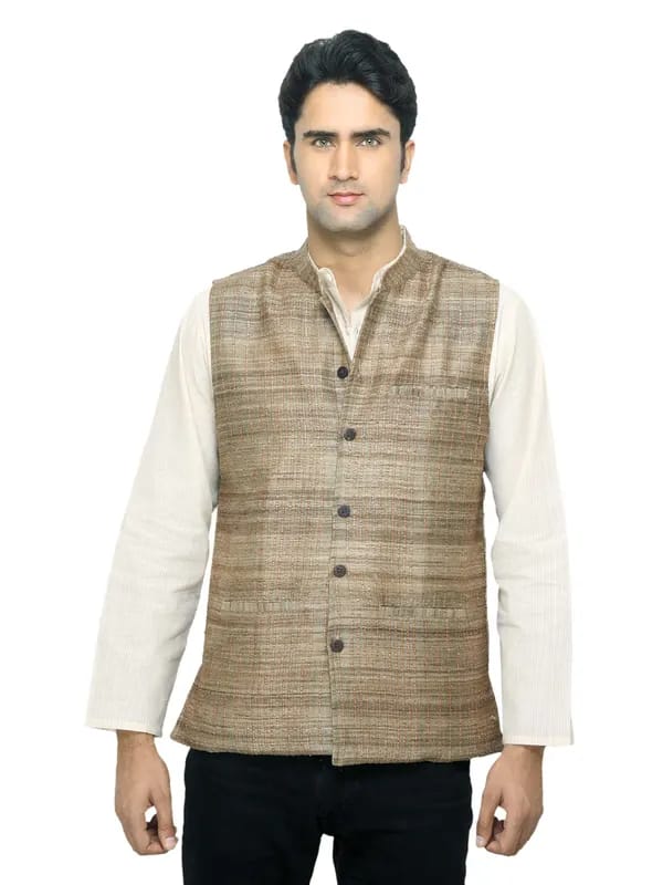 Fabindia Men Brown Silk Sleeveless Jacket