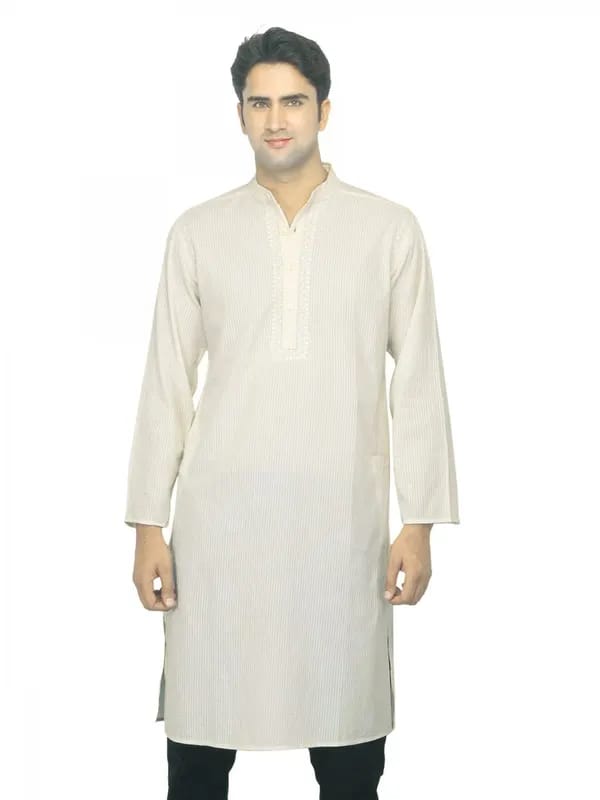 Fabindia Men Striped Cream Cambric Kurta