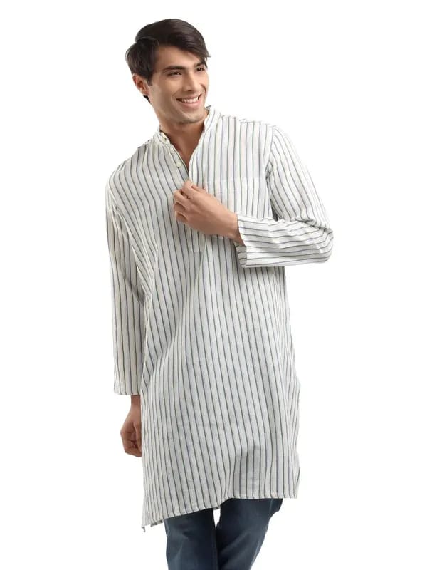Fabindia Men White Striped Khadi Kurta