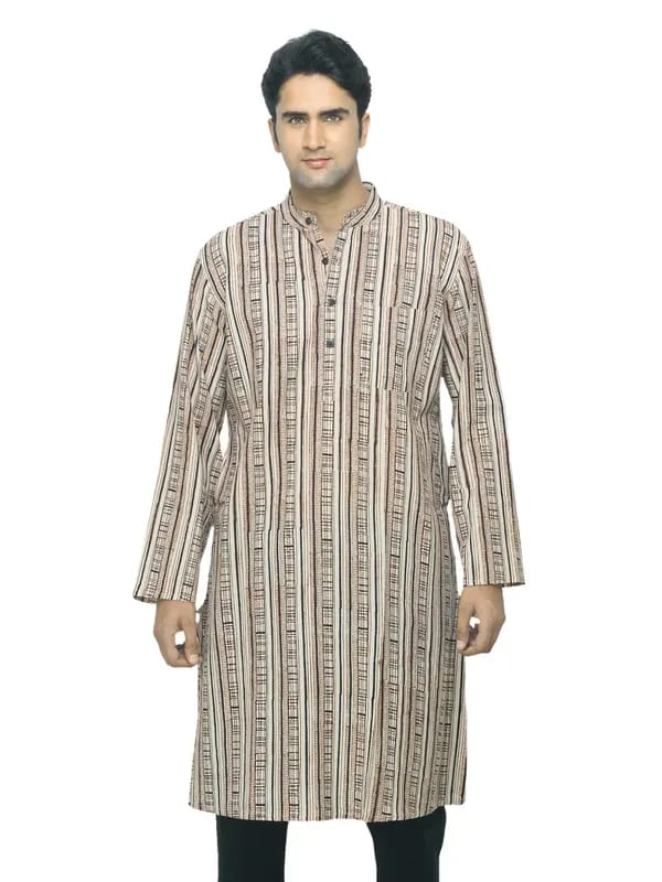Fabindia Men Printed Beige & Black Kurta