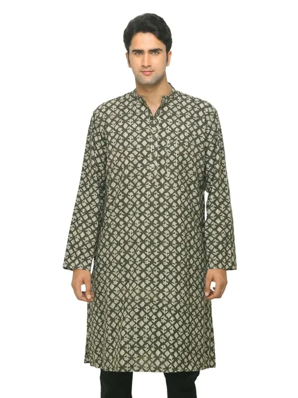 Fabindia Men Printed Olive Kurta