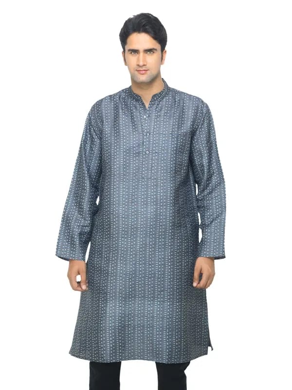 Fabindia Men Grey Printed Silk Kurta