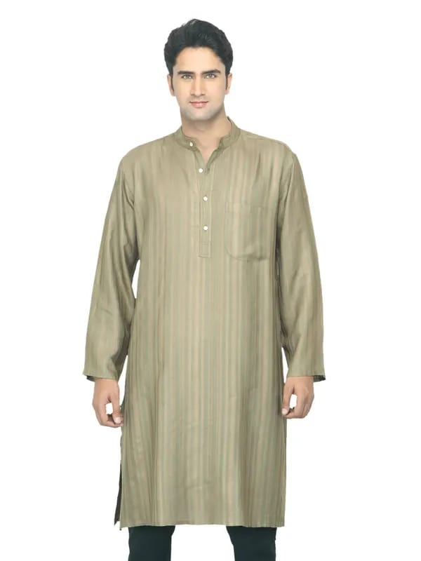 Fabindia Men Striped Olive Tussar Kurta