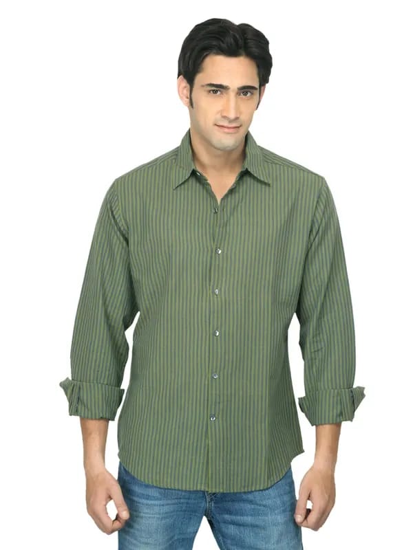 Fabindia Men Striped Green Shirt