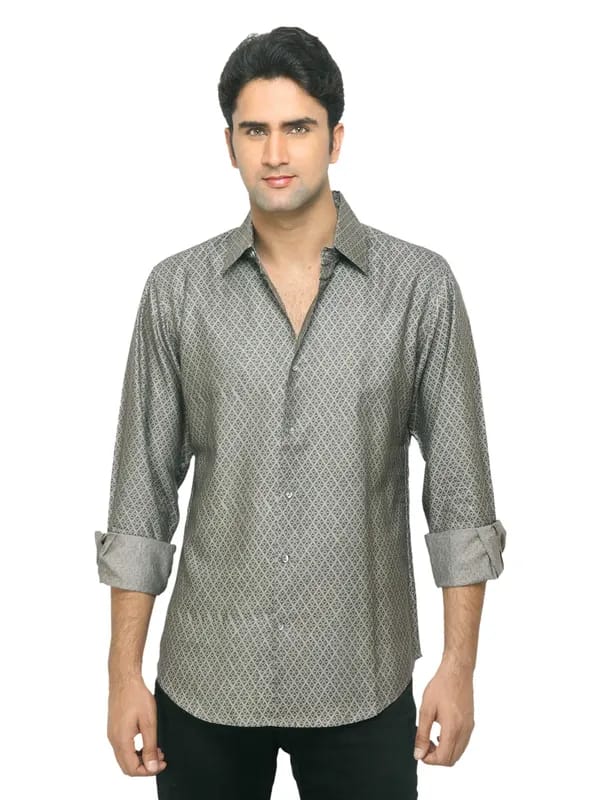 Fabindia Men Printed Grey Tussar Shirt