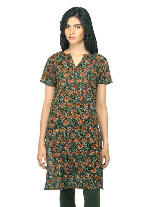 Fabindia Women Printed Green Kurta