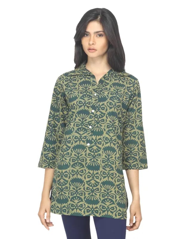 Fabindia Women Printed Green Kurti