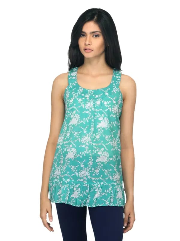 Fabindia Women Printed Turquoise Blue Top