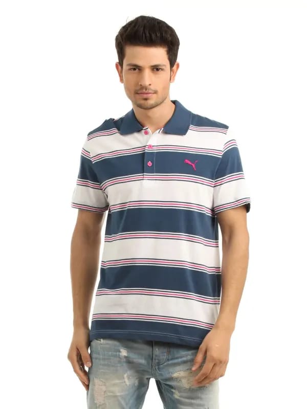 Puma Men Navy Blue and White Striped Polo neck T-shirt