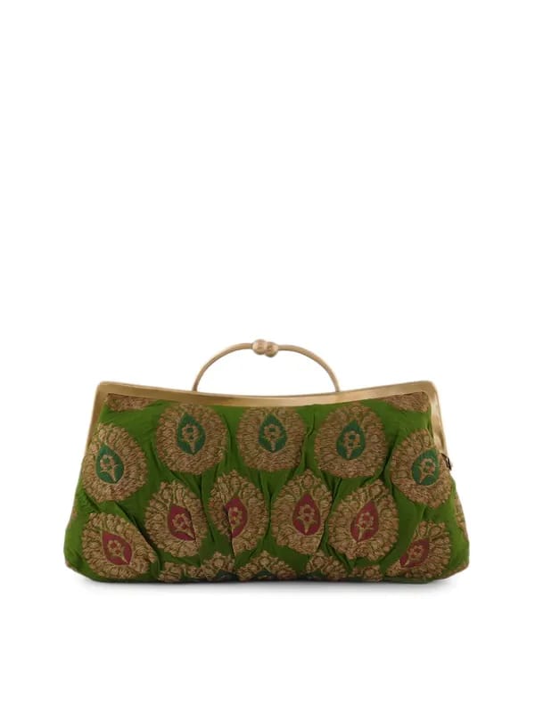 Fabindia Women Green Brocade Clutch