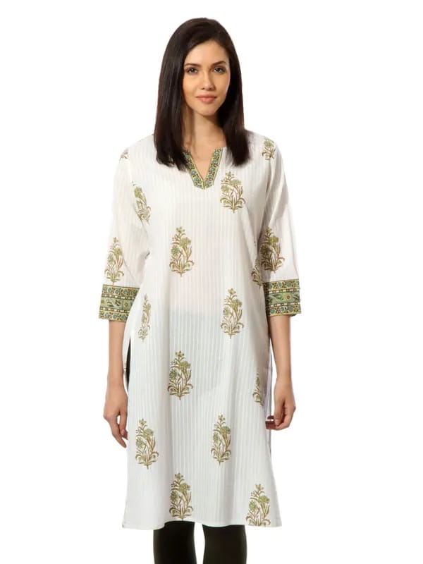 Fabindia Women Printed White Kurta