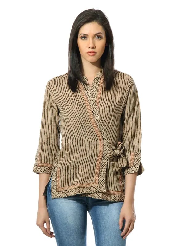 Fabindia Women Printed Beige Ghicha Silk Wrap Top