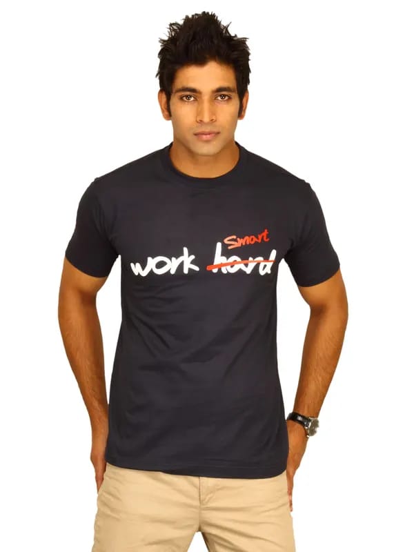 Myntra Men's Work Hard/ Smart Navy Blue T-shirt