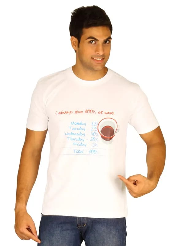 Myntra Men's I Give 100 Percent Work White T-shirt