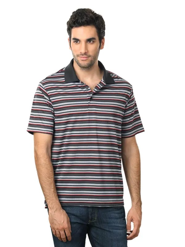 ADIDAS Men Black & White Striped Polo T-shirt