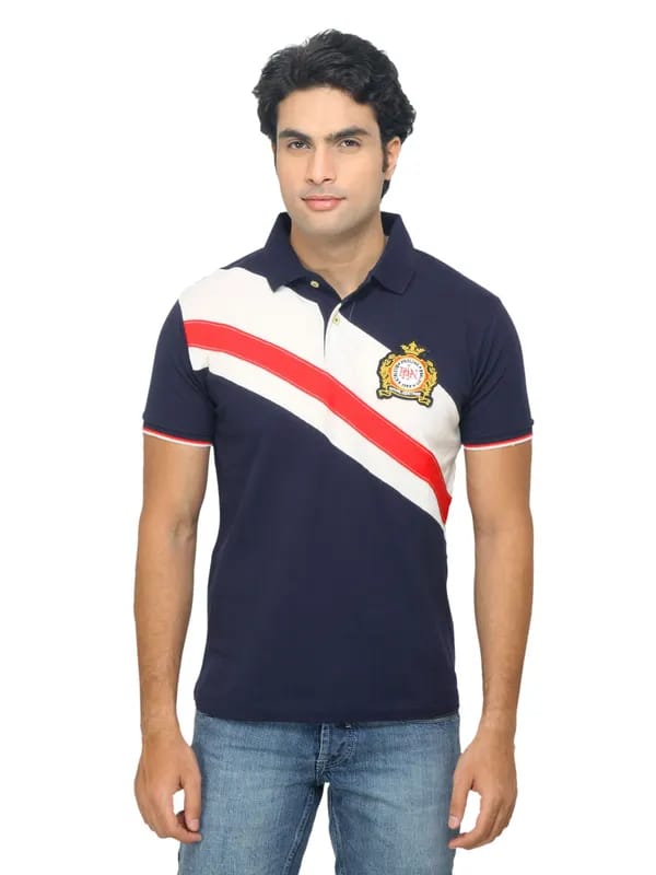 Proline Men Striped Navy Blue Polo T-Shirt